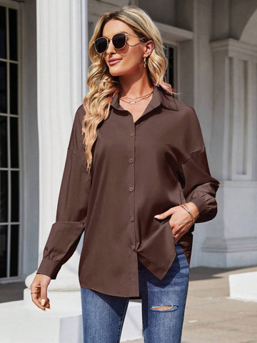 LUNE Women's Solid Color Drop Shoulder Long Sleeve Casual Blouse, Autumn