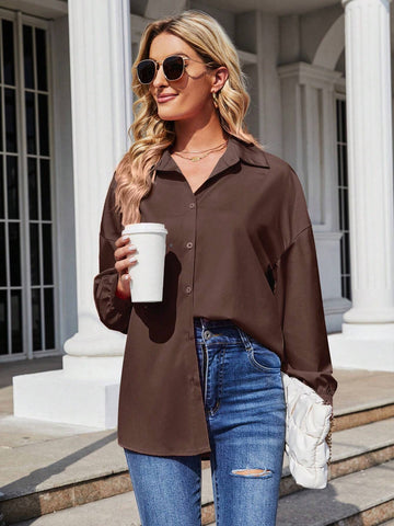 LUNE Women's Solid Color Drop Shoulder Long Sleeve Casual Blouse, Autumn