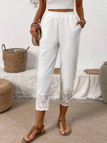 LUNE Women's Solid Color Elastic Waist Patchwork Pants