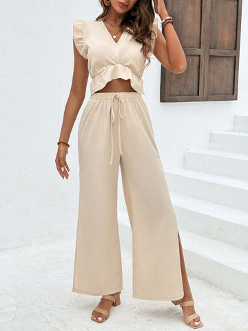 Women's Solid Color Flying Sleeve Top And Split Hem Pants Set