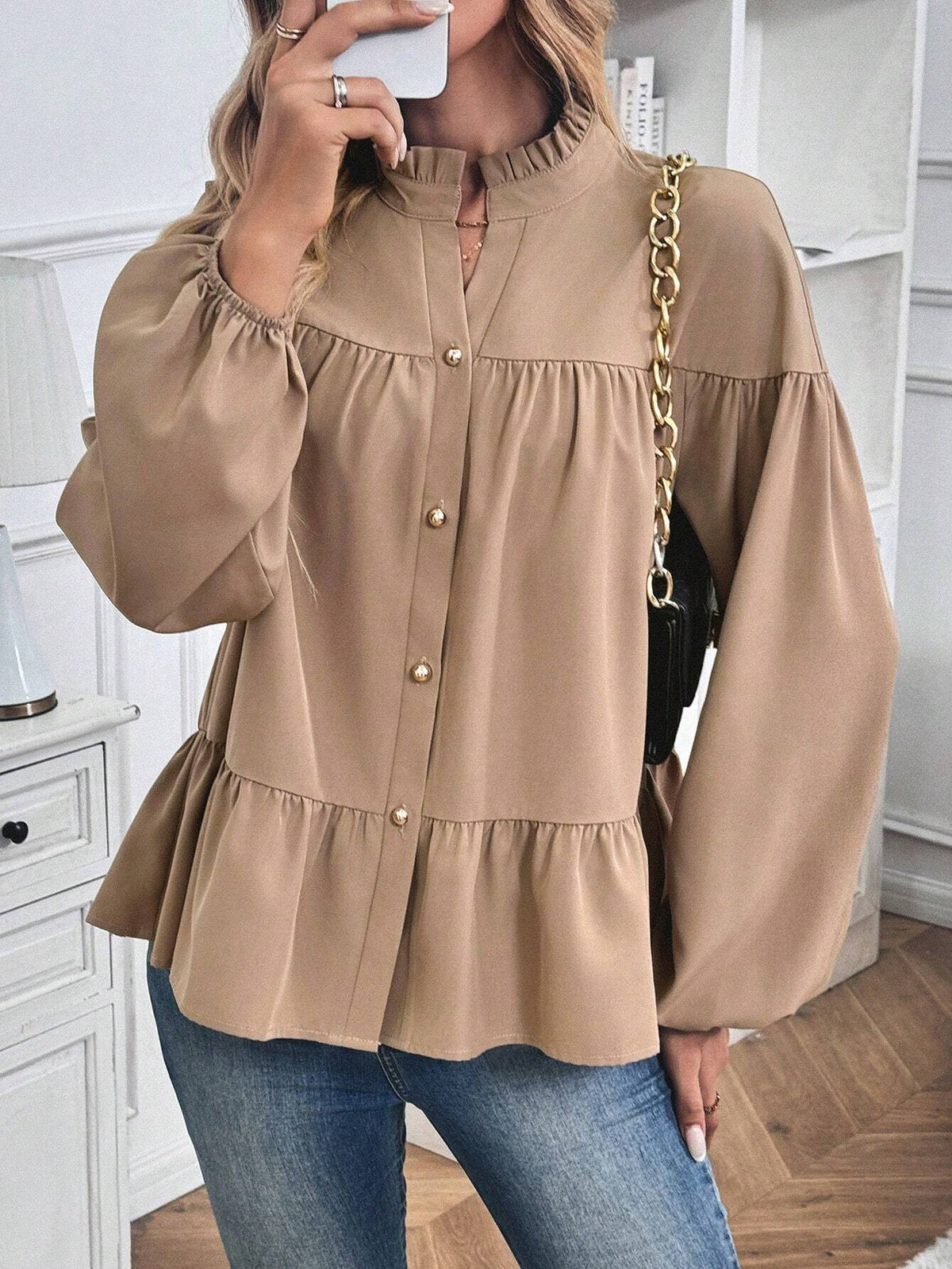 LUNE Women's Solid Color Frill Hem Front Button Long Sleeve Blouse, Casual Daily