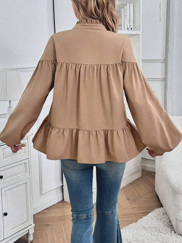 LUNE Women's Solid Color Frill Hem Front Button Long Sleeve Blouse, Casual Daily