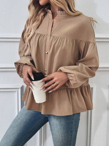 LUNE Women's Solid Color Frill Hem Front Button Long Sleeve Blouse, Casual Daily