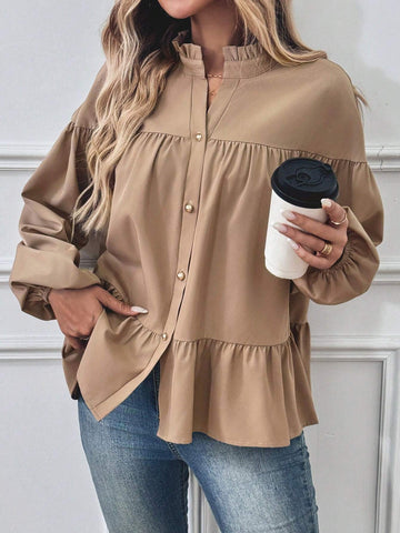 LUNE Women's Solid Color Frill Hem Front Button Long Sleeve Blouse, Casual Daily