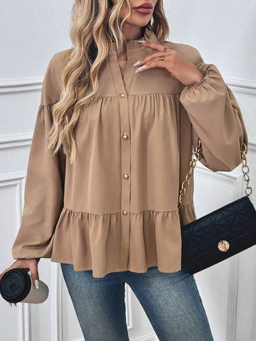 LUNE Women's Solid Color Frill Hem Front Button Long Sleeve Blouse, Casual Daily