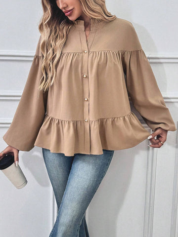 LUNE Women's Solid Color Frill Hem Front Button Long Sleeve Blouse, Casual Daily