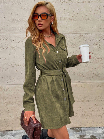 Women's Solid Color Front Button Long Sleeve Faux Pocket Casual Dress