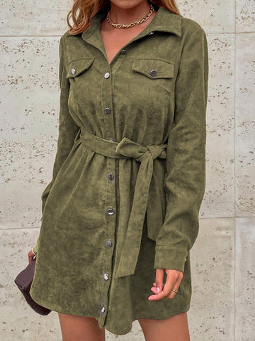 Women's Solid Color Front Button Long Sleeve Faux Pocket Casual Dress