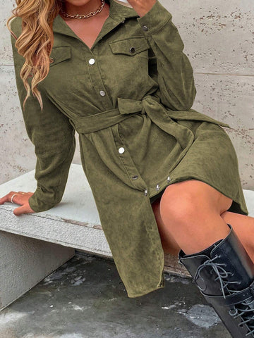 Women's Solid Color Front Button Long Sleeve Faux Pocket Casual Dress