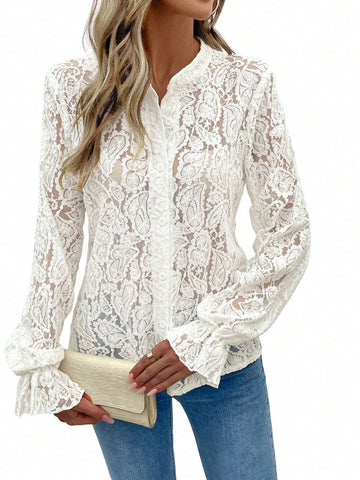 LUNE Women's Solid Color Front Button Sheer Lace Long Sleeve Blouse