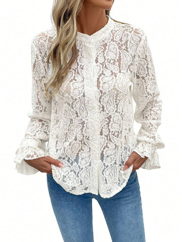 LUNE Women's Solid Color Front Button Sheer Lace Long Sleeve Blouse
