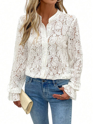 LUNE Women's Solid Color Front Button Sheer Lace Long Sleeve Blouse