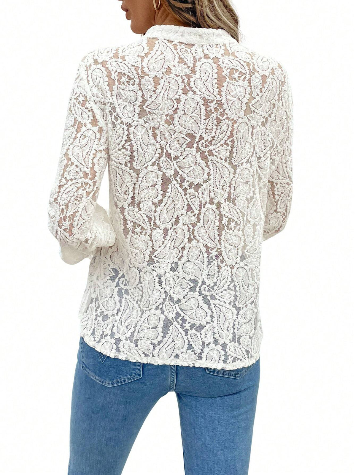 LUNE Women's Solid Color Front Button Sheer Lace Long Sleeve Blouse