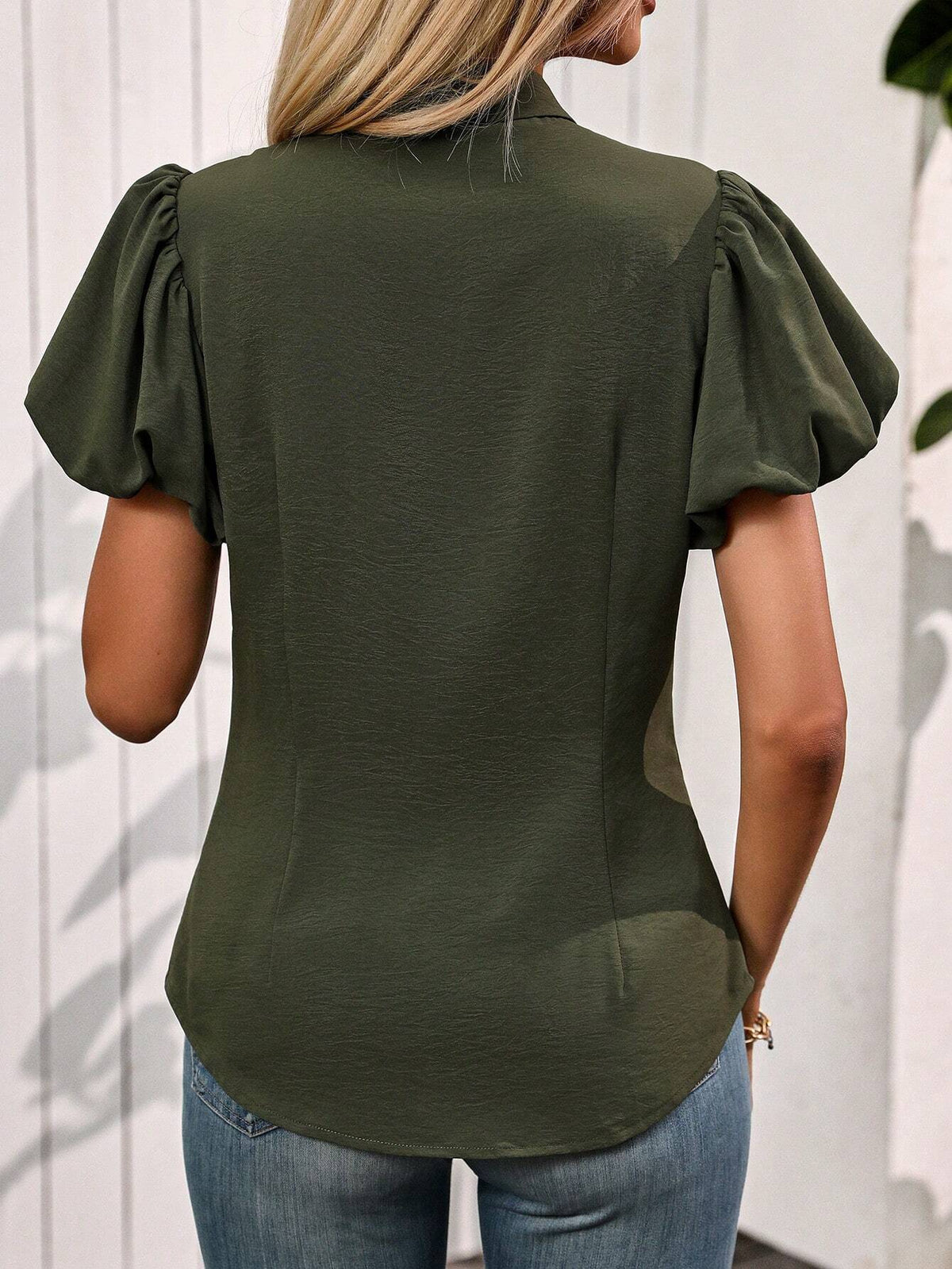 LUNE Women's Solid Color Front Button Short Sleeve Casual Shirt, Summer