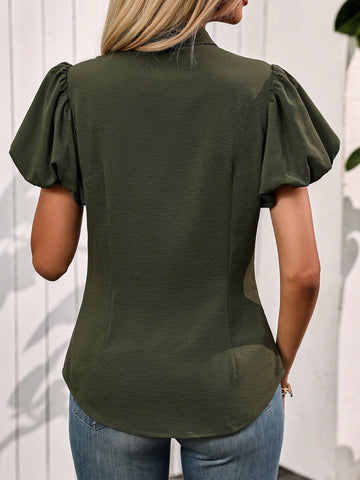 LUNE Women's Solid Color Front Button Short Sleeve Casual Shirt, Summer