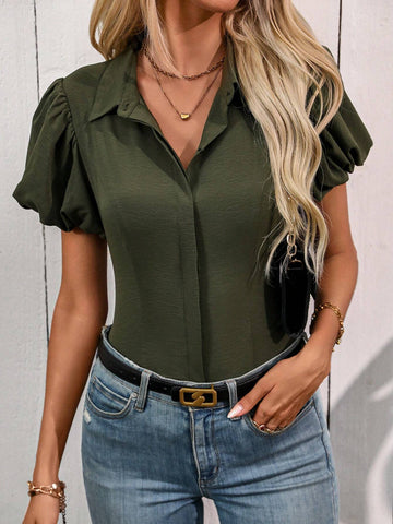 LUNE Women's Solid Color Front Button Short Sleeve Casual Shirt, Summer