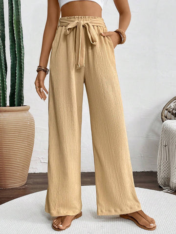LUNE Women's Solid Color High Waist Knotted Insert Pockets Straight Loose Fit Casual Pants, Perfect For Vacation