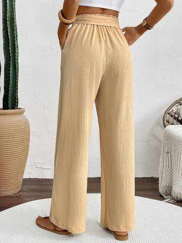 LUNE Women's Solid Color High Waist Knotted Insert Pockets Straight Loose Fit Casual Pants, Perfect For Vacation