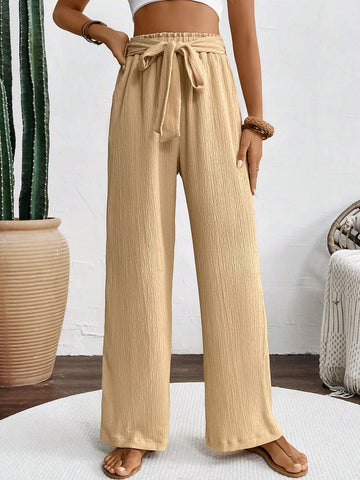 LUNE Women's Solid Color High Waist Knotted Insert Pockets Straight Loose Fit Casual Pants, Perfect For Vacation