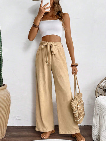 LUNE Women's Solid Color High Waist Knotted Insert Pockets Straight Loose Fit Casual Pants, Perfect For Vacation