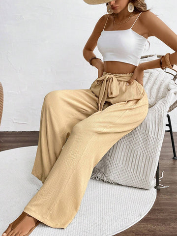 LUNE Women's Solid Color High Waist Knotted Insert Pockets Straight Loose Fit Casual Pants, Perfect For Vacation