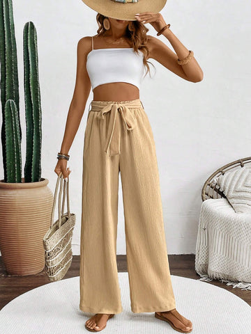 LUNE Women's Solid Color High Waist Knotted Insert Pockets Straight Loose Fit Casual Pants, Perfect For Vacation