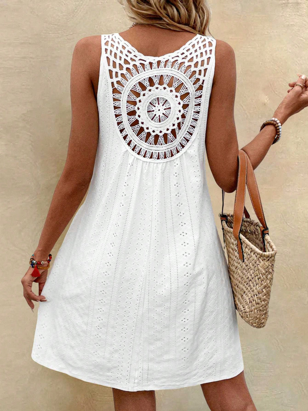 Women's Solid Color Hollow Out Lace Spliced Sleeveless Dress