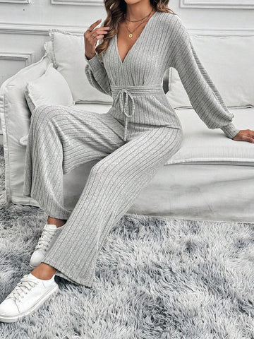 Women's Solid Color Minimalist Deep V-Neck Jumpsuit
