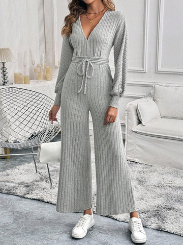 Women's Solid Color Minimalist Deep V-Neck Jumpsuit