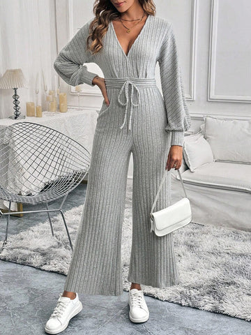 Women's Solid Color Minimalist Deep V-Neck Jumpsuit