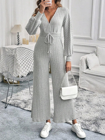 Women's Solid Color Minimalist Deep V-Neck Jumpsuit