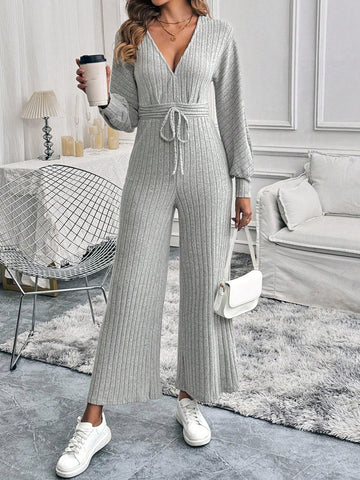 Women's Solid Color Minimalist Deep V-Neck Jumpsuit