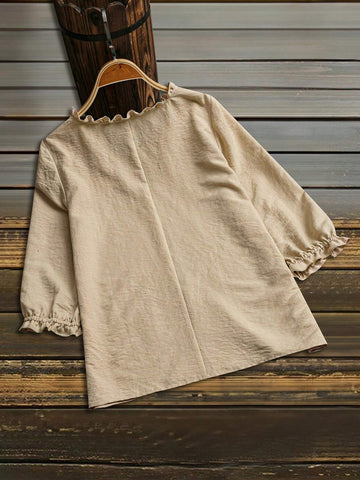 LUNE Women's Solid Color Minimalist Everyday Ruffle Trim Crew Neck Long Sleeve Blouse