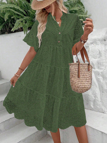 Women's Solid Color Notched Collar Single Breasted Burn-Out Beachwear Short Sleeve Dress