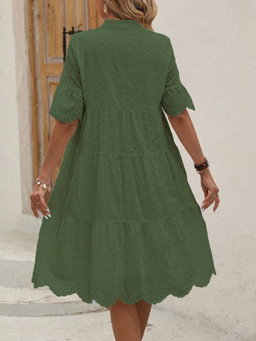 Women's Solid Color Notched Collar Single Breasted Burn-Out Beachwear Short Sleeve Dress