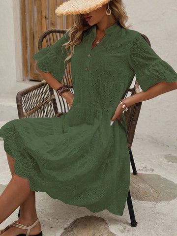 Women's Solid Color Notched Collar Single Breasted Burn-Out Beachwear Short Sleeve Dress