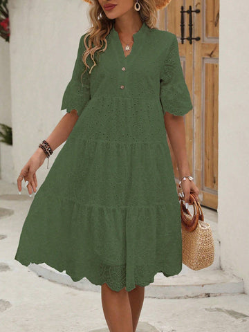 Women's Solid Color Notched Collar Single Breasted Burn-Out Beachwear Short Sleeve Dress