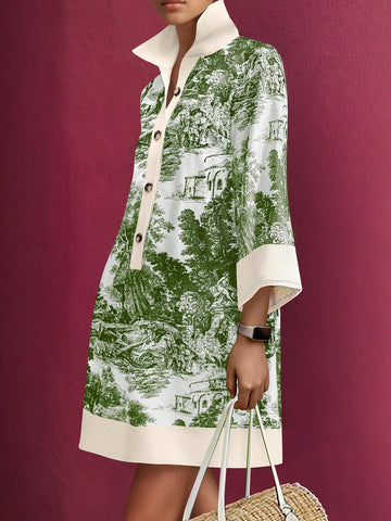 Women's Solid Color Patchwork Front Button Closure Long Sleeve Casual Dress, Random Print