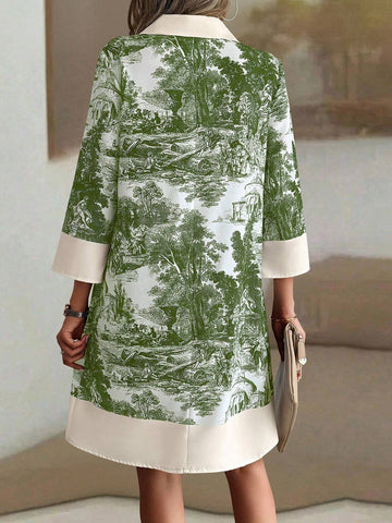 Women's Solid Color Patchwork Front Button Closure Long Sleeve Casual Dress, Random Print