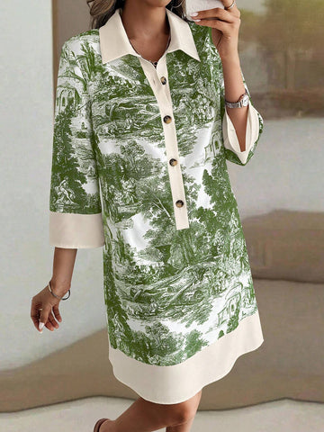 Women's Solid Color Patchwork Front Button Closure Long Sleeve Casual Dress, Random Print