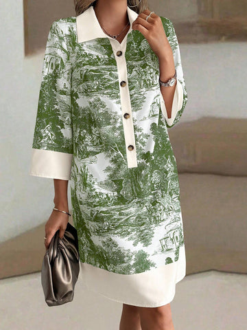 Women's Solid Color Patchwork Front Button Closure Long Sleeve Casual Dress, Random Print