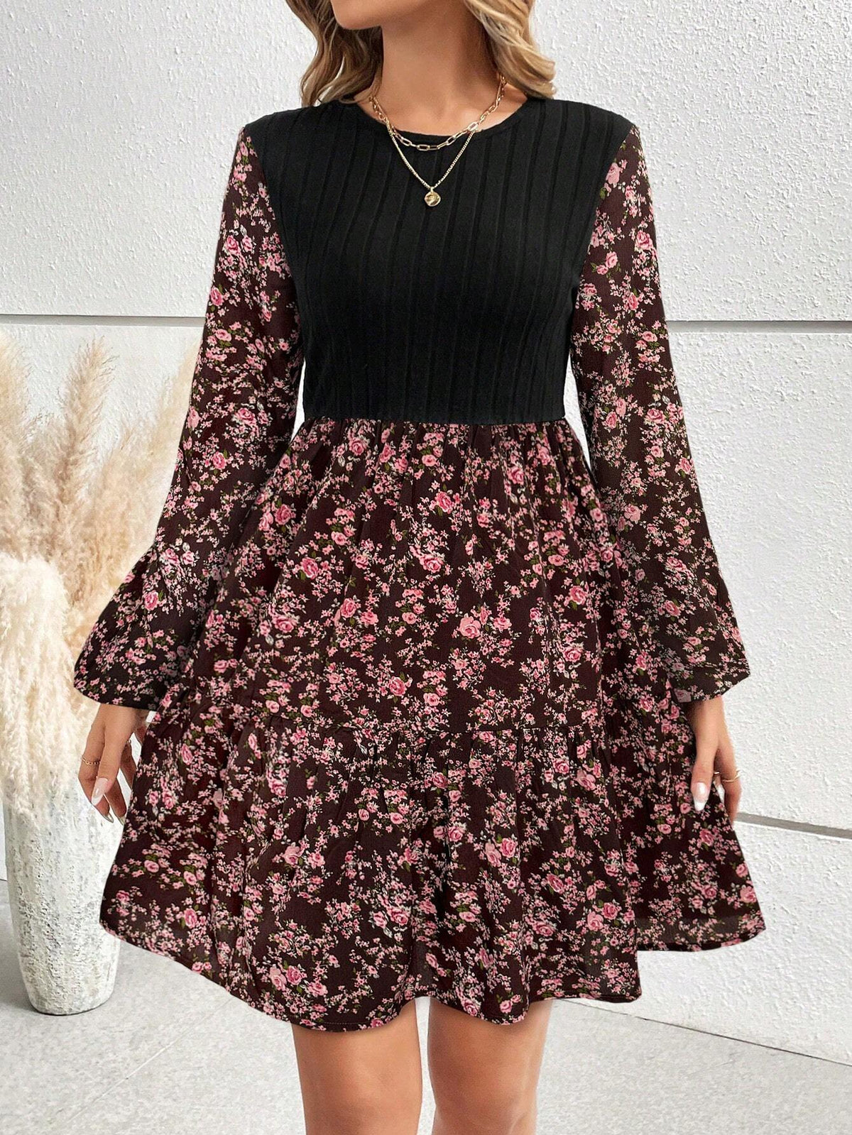 Women's Solid Color Patchwork Round Neck Long Sleeve Casual Dress