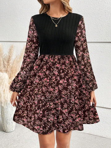 Women's Solid Color Patchwork Round Neck Long Sleeve Casual Dress