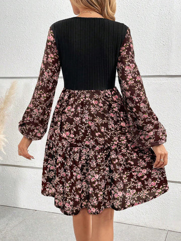 Women's Solid Color Patchwork Round Neck Long Sleeve Casual Dress