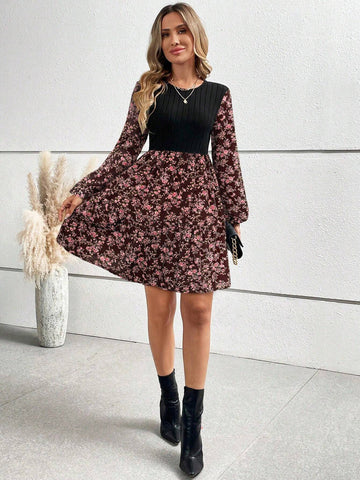 Women's Solid Color Patchwork Round Neck Long Sleeve Casual Dress
