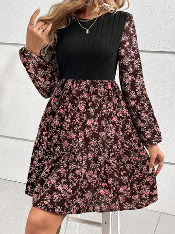 Women's Solid Color Patchwork Round Neck Long Sleeve Casual Dress