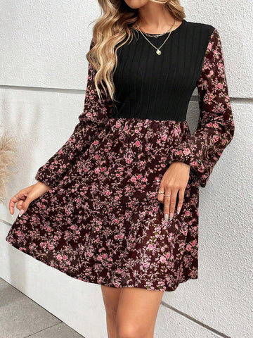 Women's Solid Color Patchwork Round Neck Long Sleeve Casual Dress
