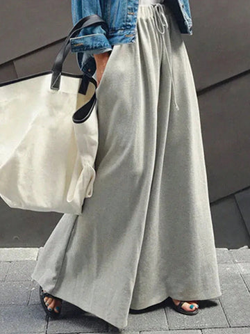 LUNE Women's Solid Color Pocket Tie-Front Casual Wide Leg Sweatpants