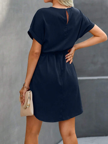 Women's Solid Color Round Neck Batwing Sleeve Dress With Waist Belt, Summer