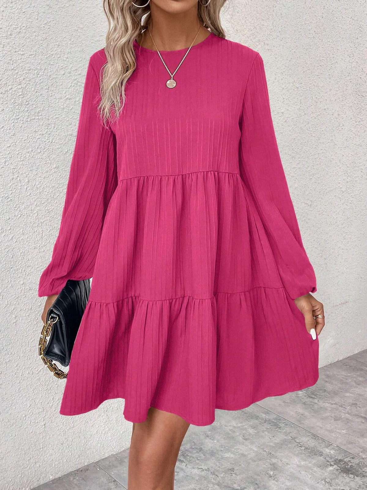 Women's Solid Color Round Neck Lantern Sleeve Ruffle Hem Cute Dress, Autumn
